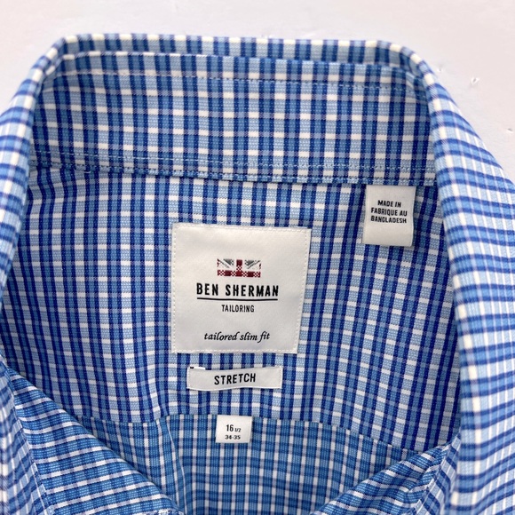 BEN SHERMAN, LONG SLEEVES MEN’S SHIRT, “XL 16,” BLUE AND WHITE SMALL CHECKERED - Picture 8 of 16